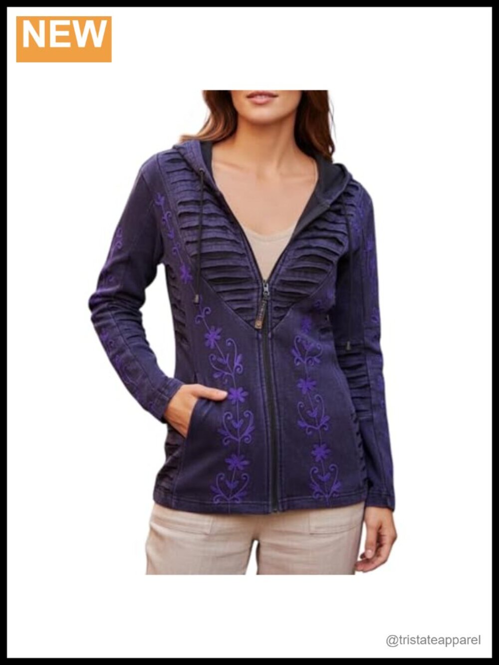 Agan Traders Bohemian Rib Knit Cotton Zip Up Hoodie Womens Embroidered